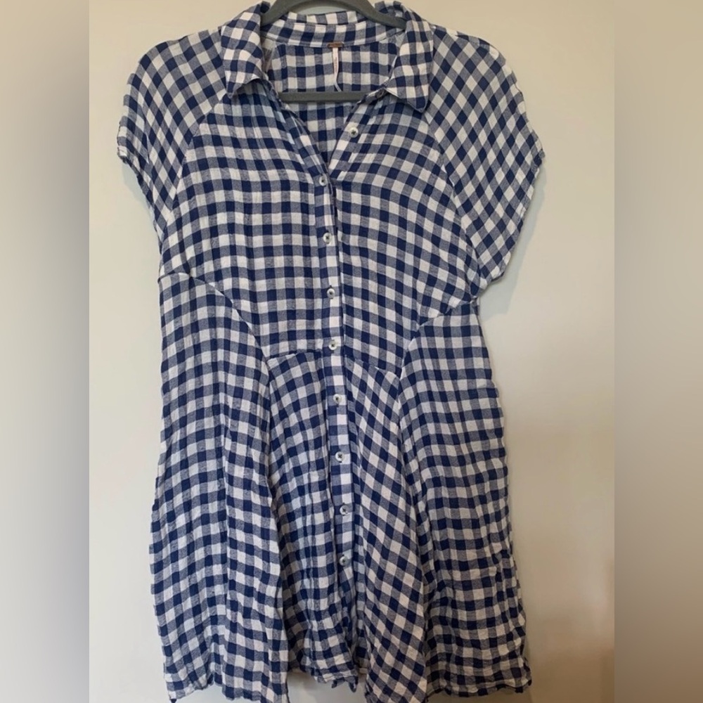 Free People Navy and White Gingham Tunic Shirt